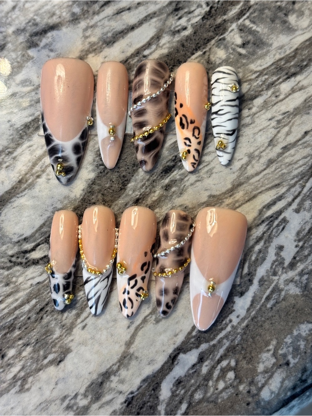 Nude Animal Print Press-On Nail Set with Gold Accents